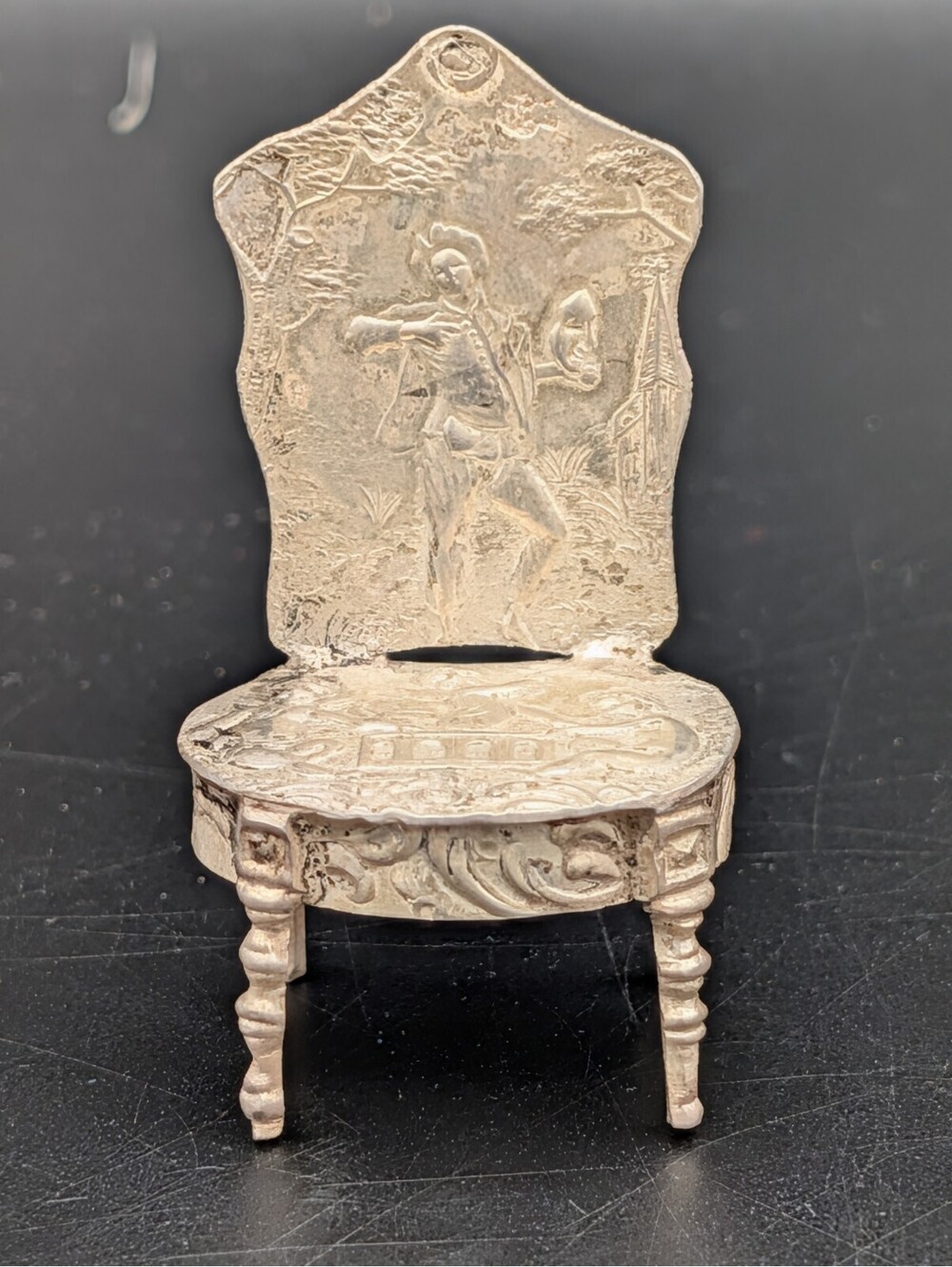Antique Continental Silver Miniature Chair Embossed Cherubs Pastoral Toy 12.09g
